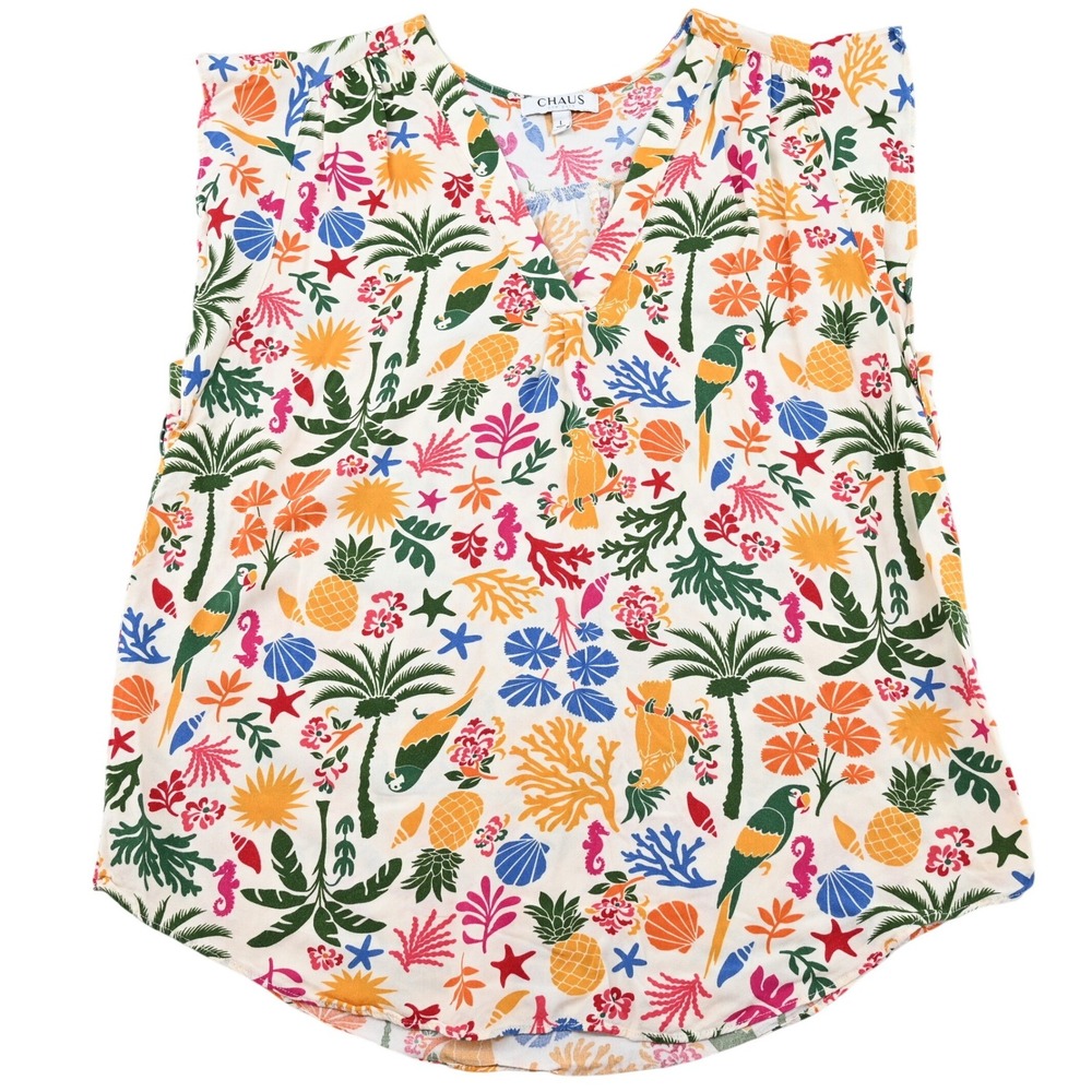 Chaus New York Womens Large Tropical Parrot Pineapple Rayon V-Neck Blouse Top